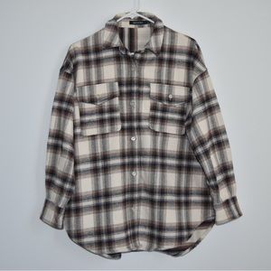 American Holic Thick Flannel Plaid Shirt Ivory Brown Size M